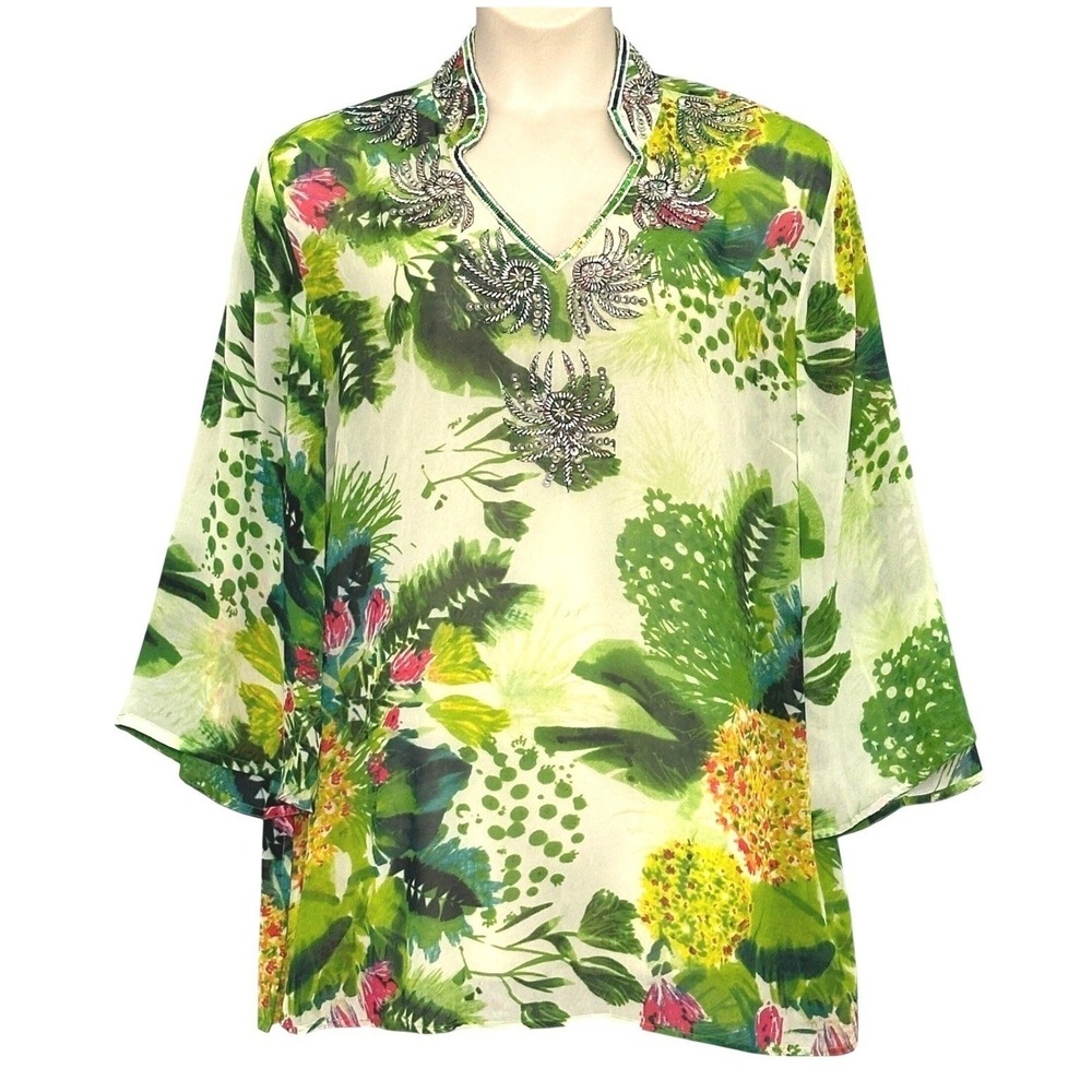 Ashro Womens Top Plus 22 Tropical Floral Beaded Sequin Sheer Tunic Resort Cruise